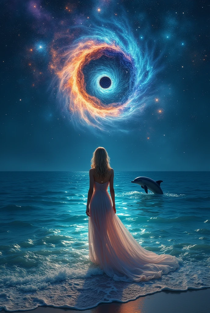 view from above at night (a lovely blonde woman from three-quarters turned dressed in a translucent dress of iridescent, swirling colors, with cyan, violet and orange flecks, stands at the water's edge), looking up at a celestial eye with its hypnotic iris. A swirl of deep blue and orange evokes a starry sky, enclosing a spiral galaxy. The eye blends into the surrounding space, dotted with stars, nebulae and cosmic dust, ethereal atmosphere, best quality, high resolution, ultra fine, photo realistic: 1.37, Shaw style, Zena Holloway style, vibrant colors in a dreamy palette, soft moonlight shining through the water, creating celestial light. The ocean surface is sparkling and lush. A leaping dolphin splashes in the translucent ocean, while sparkling nebulae and luminous astral bodies dot the scene, creating a dreamlike vision of the universe merging with the sea
