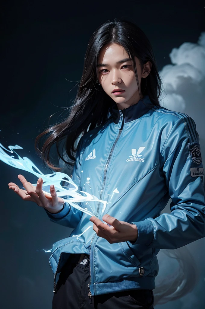 Mysterious charming image
skinny asian man with long hair 18 years old surrounded by thick electric smoke. The smoke is blue with white lightning strikes, translucent and billowing, creating an eerie and enchanting atmosphere. The man has an alluring gaze and wears a blue Adidas jacket. shimmering with mysterious energy. The backdrop is a dark void, with thick, electric smoke creating a sense of intrigue and otherworldly clarity. very detail