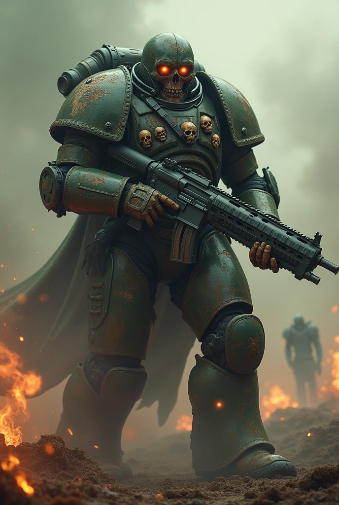 1man, titan, plaguemarine wearing putrid armor, toxic gas clouds, wearing helmet, skulls on armor, mutated face, glowing eyes, standing proud, holding a big futuristic gun, firing, shooting, dynamic action poses, epic toxic war battlefield, Photorealistic, Hyperrealistic, Hyperdetailed, analog style, soft lighting, subsurface scattering, realistic, heavy shadow, masterpiece, best quality, ultra realistic, 8k, golden ratio, Intricate, High Detail, film photography, soft focus