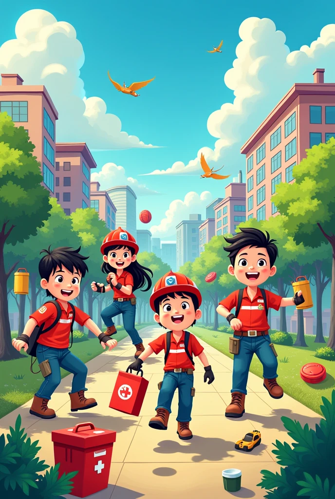 Poster about red ribbon club activities, rescue works, cleaning, cartoon,no text