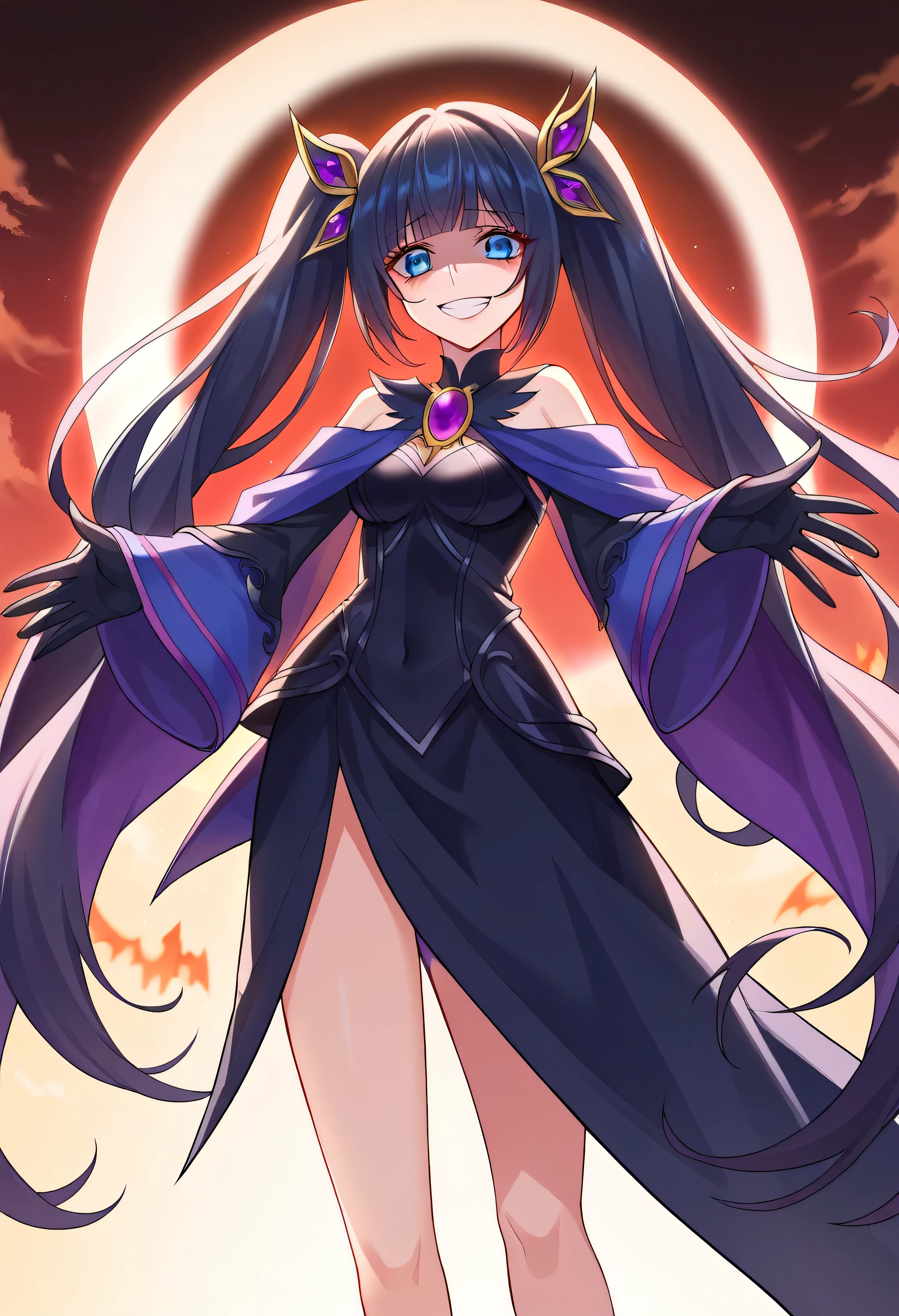 Highest quality, Very detailed,One Girl, alone, {cure_NULL_hirogaruNULLprecure:1.15}, , Blue eyes, Blue flames in the eyes, Long Hair, Twin tails, Magical girl, bangs, Open your mouth, , One Girl, blunt bangs, Darken your clothes, hair ornaments, Evil smile, devilish aura (Shiny fabric:1.5), Full Body Shot, Purple Gemstone, Charm, blush, (Beautiful attention to detail:1.6), Very detailed顔, Perfect lighting, Very detailedなCG, (Perfect hands, Perfect Anatomy), devil, Red and black color scheme, Shiny material, Grin, Black ribbon, black satin gloves, Evil clover leaf ornament, Black frills, jewelry, corruption, Latex Gloss, Black Gothic Cape, Evil smile, Dark World Background, Red Moon, cloudy NULL, CG Style, One-sided black wing,Dark shadow face,Sadistic smile,Malice,Contempt,smile,black,Shaded face (eyes in shadow)