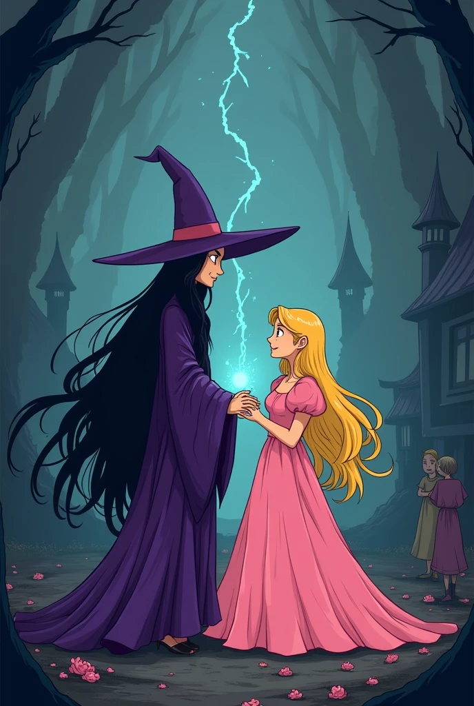 A scene of the witch in the purple dress and black hair who decided she could no longer bear the happiness of the princess in the pink dress and blonde hair. With a powerful spell, she cast a curse on Celeste: every time the princess smiled, something sad would happen in the kingdom. The joy began to slowly fade away, and the inhabitants of Eldoria were sad.
Minimalist cartoon style, hand drawing line,  for coloring 