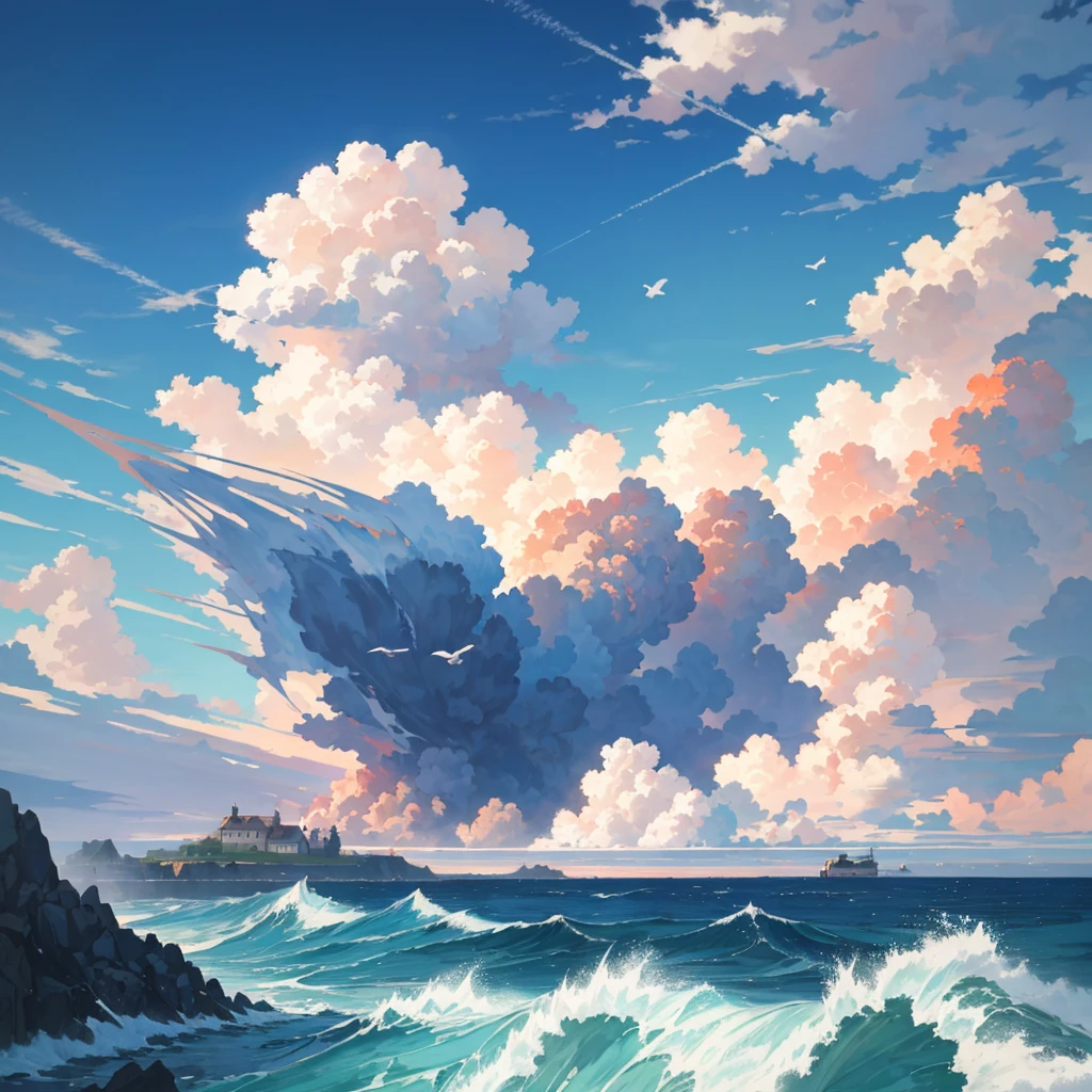 Thick and big clouds, house on top of a mountain, raging waves, blue sky, birds, bright sun, very many giant clouds, sky blue color, artistic painting, high resolution, great realism,