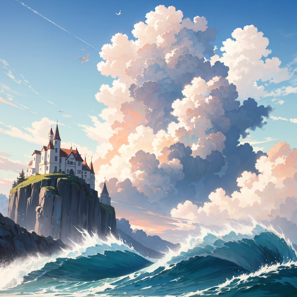 Thick and big clouds, house on top of a mountain, raging waves, blue sky, birds, bright sun, very many giant clouds, sky blue color, artistic painting, high resolution, great realism,