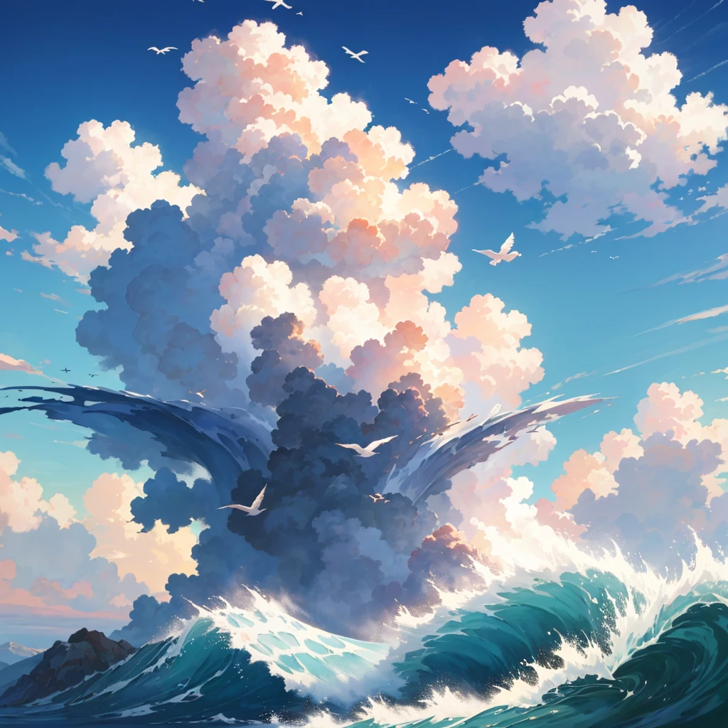 Thick and big clouds, house on top of a mountain, raging waves, blue sky, birds, bright sun, very many giant clouds, sky blue color, artistic painting, high resolution, great realism,