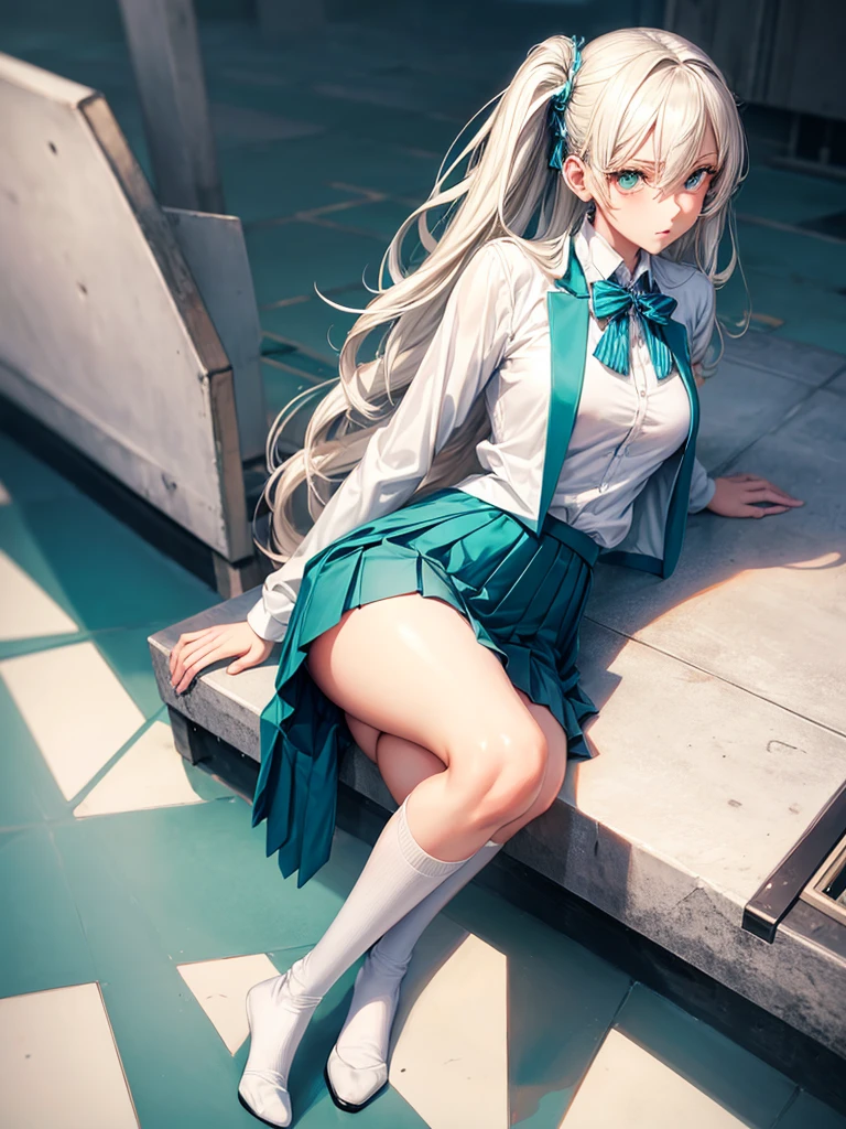 Anime girl, beautiful, toned, relatively slim, 171cm tall, weights 53kg, slim toned build, pale skin, white shirt, teal blazer, navy pleated skirt, white knee-high socks and mary-jane shoes