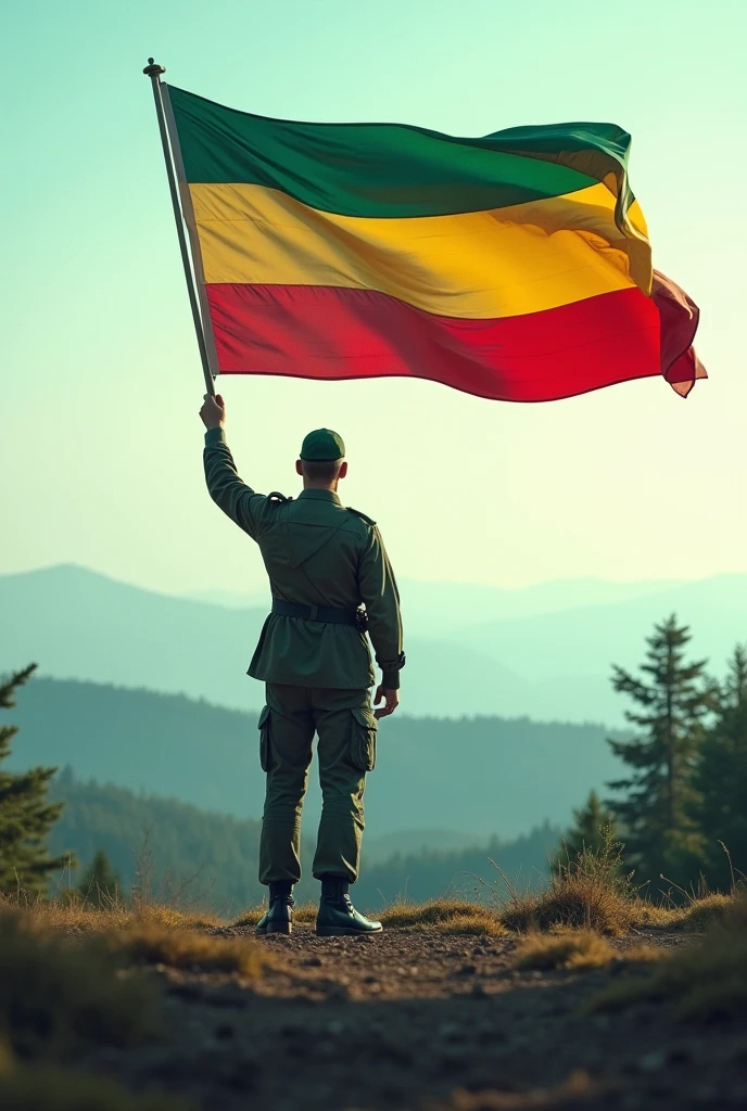 Dans ce beau paysage nous voyons un solda tenir un drapeau tricolore de vert jaune et rouge, This flag has colors in a tilted way