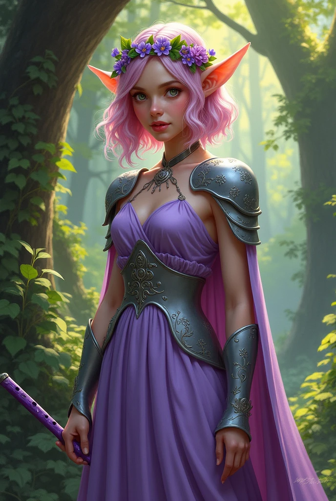 A detailed digital painting of a young elven woman with shoulder-lenght light pink hair, wearing a dark green-purple flower crown and a long lilac dress with long lilac cape. She has silver armor pieces with floral texture on her shoulders and hips. She is holding a purple flute in her hand. The setting is a lush, dense forest with sunlight filtering through the trees.

