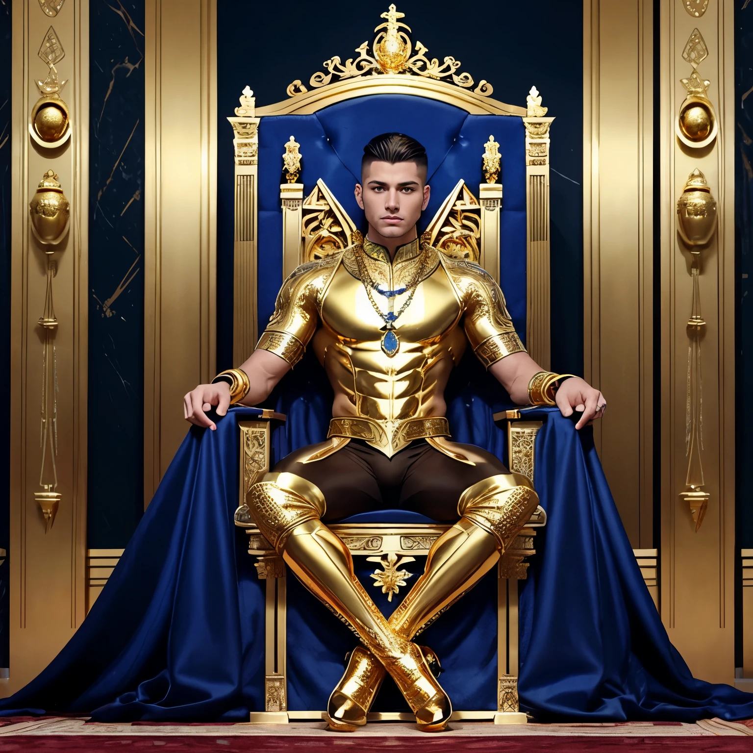 full body view, a muscular white european over-bodybuilded but looking fragile handsome man with undercut clean haircut of his brown with gold blonde streaks haircut, golden socks, indigo and gold neo-byzantine futuristic tight silky fullsuit, no shoes, gold rings, necklaces, bracelets, piercings, with gold and indigo futuristic mosaics behind the golden and lapis lazuli throne on which he's lying, looking boring. a crowd of poor people begging him from around the throne hall