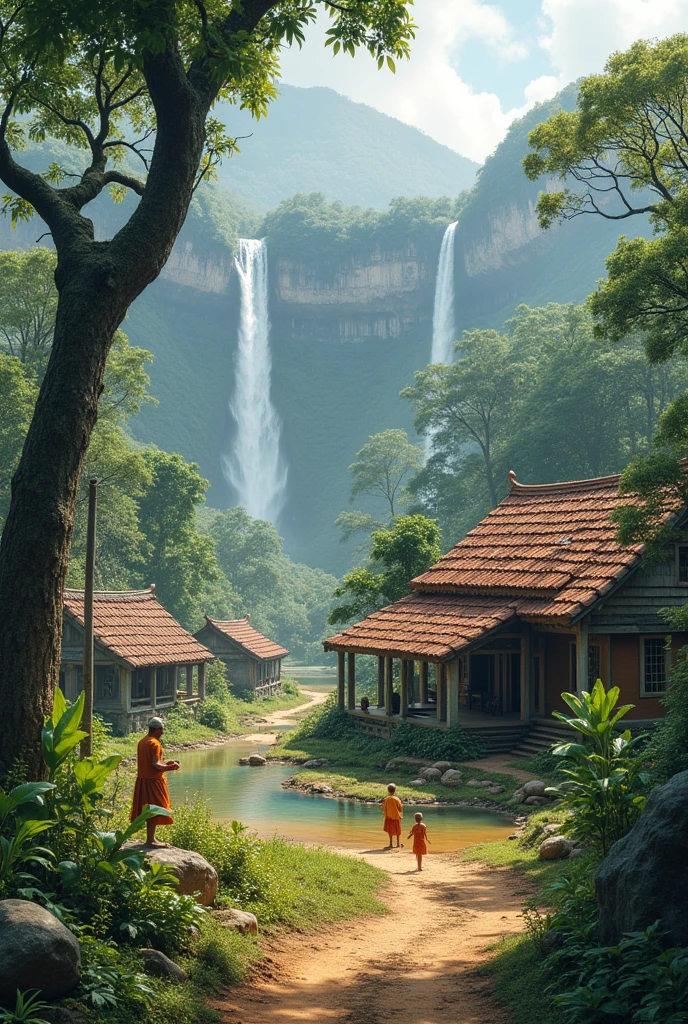 It is a very beautiful and picturesque village. At the end of this village, there is a stunning waterfall. In the village, little children spend time playing. Meanwhile, farmers are busy with their work. The elders are engaged in daily tasks. At the highest point of this village is a charming Buddhist temple. Inside the temple, there is a stupa that shines in white. There is also a jackfruit tree whose leaves rustle in the wind. Around the bo tree, there is a golden pond. Inside the Buddhist temple, Sri Lankan Buddhist monks are engaged in meditation, and they are preaching the Dharma.