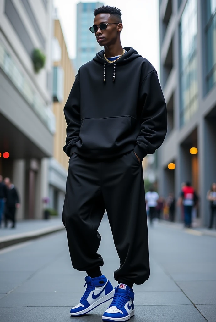Outfit with Jordan 1 Blue Obsidian and wide black pants