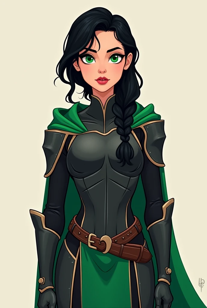 create a cartoon style woman:
Full name: Lysara Devrion
Edad: 24 years old Physical Appearance:
Height: 1.75 m Constitution: Athletic and toned hair: long, Jet black, usually tied back in a braid or high ponytail Eyes: Emerald green, penetrating and determined Skin: Pale with a slightly golden tone Face: Sharp features, with a slight scar on the left cheek, testimony of his life on the battlefield Clothing: Black combat armor with silver details, long emerald green velvet cape; at formal events, She usually wears a dress that mixes the colors of Eldoria and Selenia..