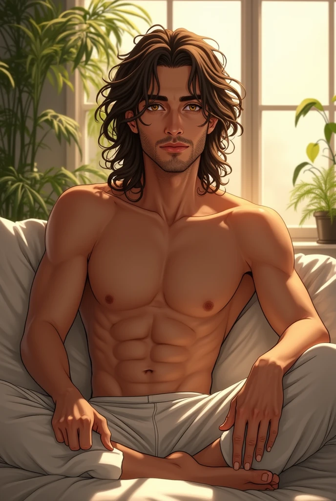 Handsome man, sitting on bed, wearing loose, pajama pants, long curly hair, indoors, soft lighting, plants in background, window with sunlight, cozy room, relaxed pose, realistic, intricate details, warm colors, anime, Golden eyes, Brown skin