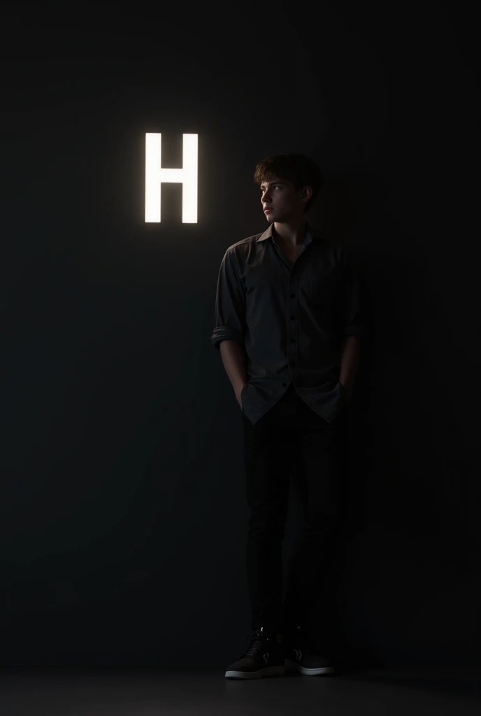 A boy wearing a black gingham is standing in a black room leaning with the name letter H 
in the English word. The boy is young, age 20-23
