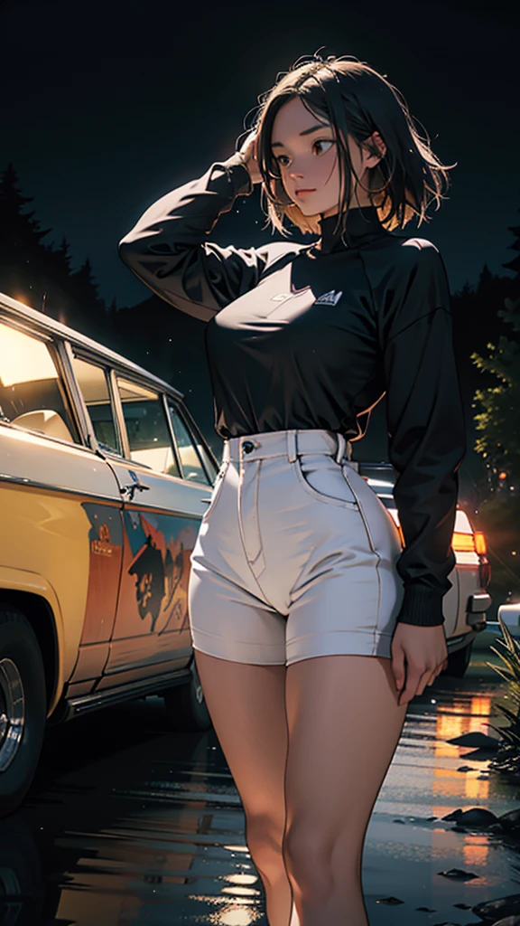 A young couple is camping on the mountain. The woman is wearing tight clothes. Her hips are big. She is passing by a vintage car. She is looking for water. It is raining. She is staying at night.