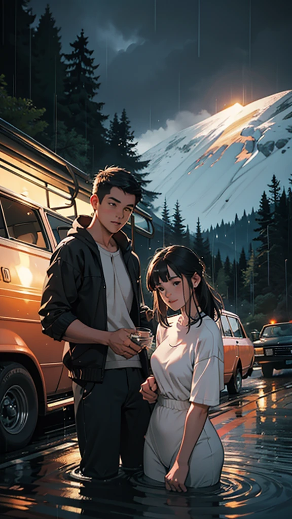A young couple is camping on the mountain. The woman is wearing tight clothes. Her hips are big. She is passing by a vintage car. She is looking for water. It is raining. She is staying at night.
