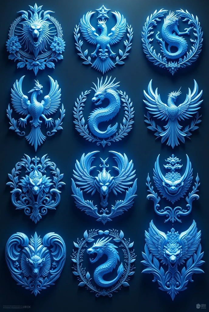 Make 20 unique fantasy detailed blue crest
