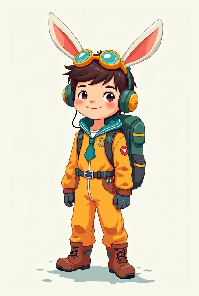 2D Boy Shota,One-piece mountaineering suit,Slim, healthy body,Put the headphones on your head,stand up,goggles,Rabbit ears,happy,Sailor collar,tie,Zipper pulled down,boots,Charming