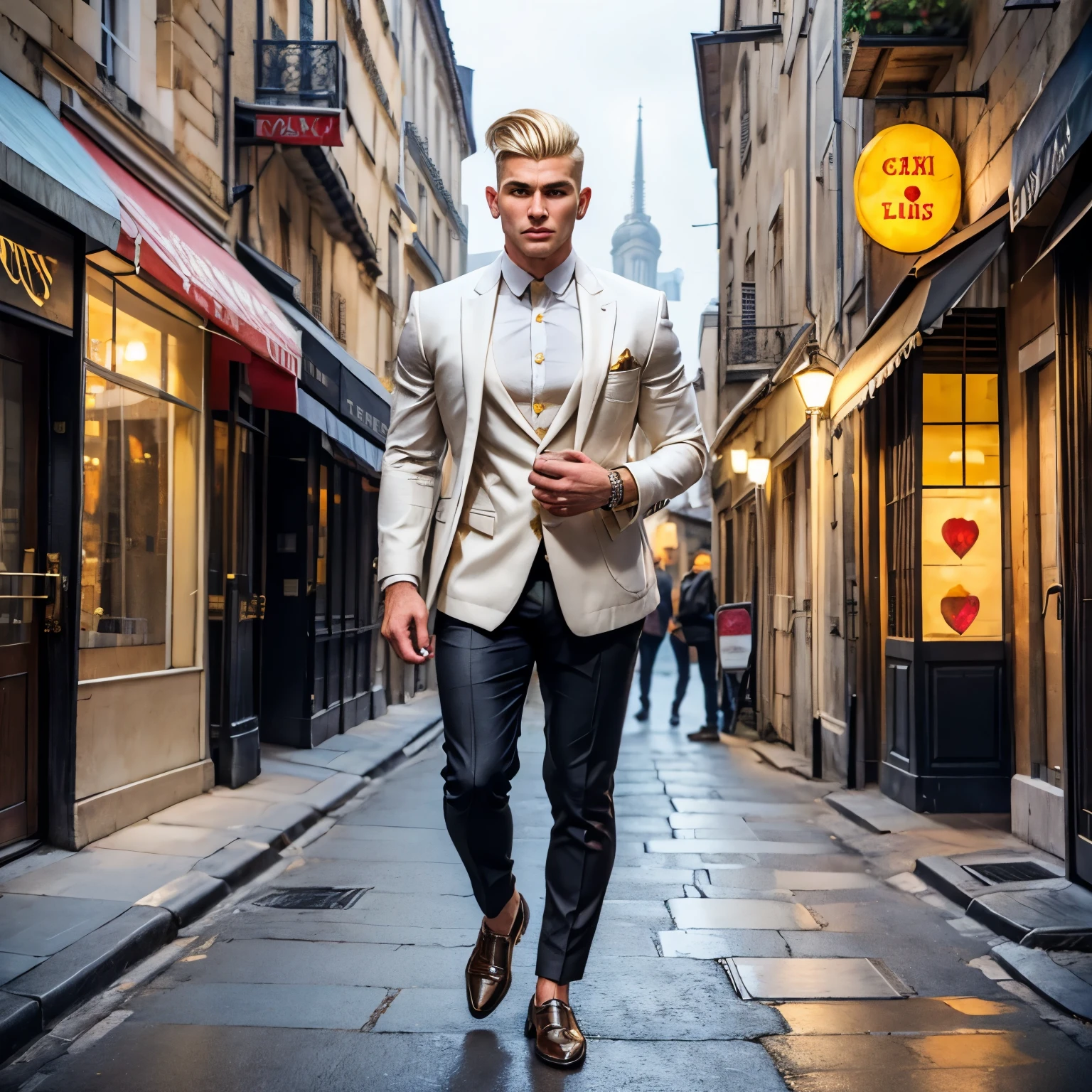 Full body view in old Paris dark deserted street, a handsome and slender roguish dapper white european man with shaved clean undercut haircut of his thick brown hair with platinum gold blonde streaks , yellow eyes, a distinctive dark snout, thick black eyebrows, wearing off-white blazer and suit pants, white shirt, brown Oxford shoes, off-white sheer socks, He wears rings with large, lighting up rubies, a charming yet gritty aura He's tall, muscular yet slim, watching phone