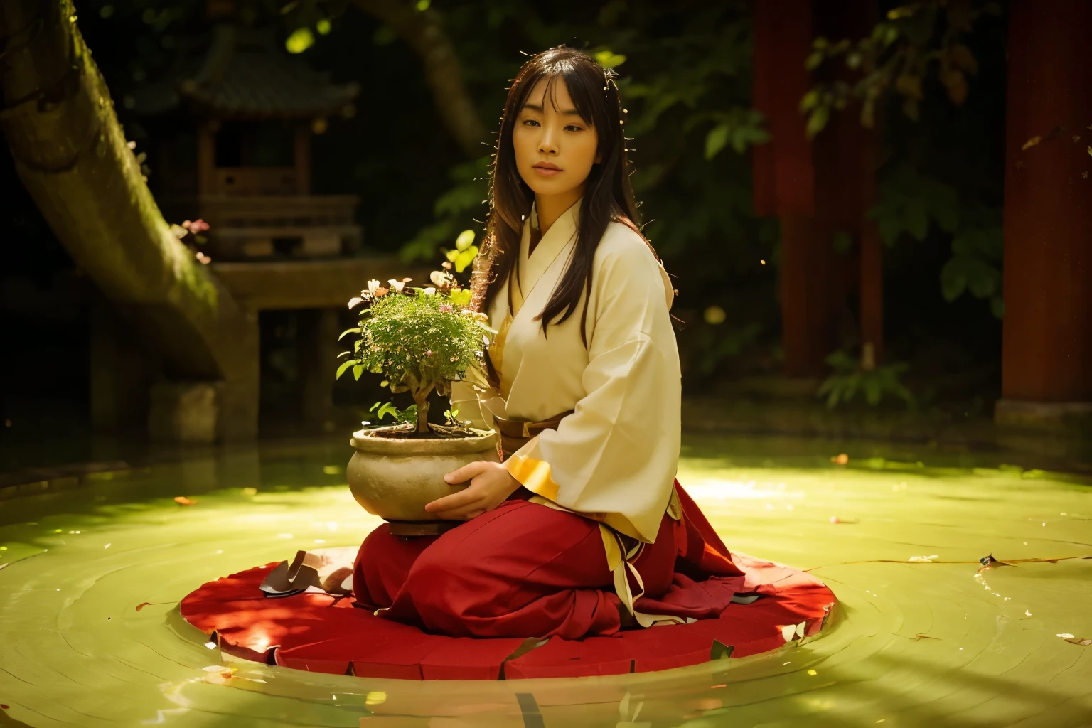 (Best quality, 8k, 32k, Masterpiece, UHD:1.2) "Transform the setting into a serene garden nestled within the palace of Ancient China. Envision traditional Chinese architecture surrounding the garden, with intricately carved wooden beams and ornate roofs adorned with upturned eaves. The garden itself is a tranquil oasis, filled with meticulously arranged plants, including bamboo groves, bonsai trees, and vibrant peonies in full bloom. A calm, reflective pond occupies the center, with koi fish swimming beneath the surface and a stone bridge arching gracefully over it. Lanterns hang delicately from the trees, casting a soft, warm glow. In the distance, a pagoda stands tall, partially hidden by the lush greenery. The air is filled with the faint scent of jasmine and the sound of rustling leaves, creating a peaceful and harmonious atmosphere, reminiscent of the imperial gardens of Ancient China's royal palaces."