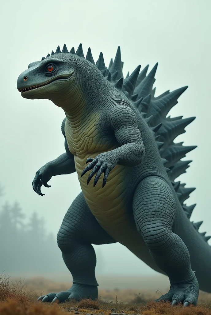 Um kaiju,He walks on all fours and cannot stand on two legs., scientific explanation, there is a head size limit,if its size exceeds this limit,the kaiju has to stand on its front legs,and other,the hind legs are almost the same size as the front legs,which makes it impossible for him to stay on two,about its colors,It has a predominant gray but also has light gray stripes., which serves for camouflage, your right eye is a dull orange or a light brown,and his left eye is blind with a scar,Its dorsal plates are very similar to Godzilla's, but they are smaller., about its size,It measures somewhere between 93 meters high and 231 meters long.,he is (incredibly) similar to a marine iguana