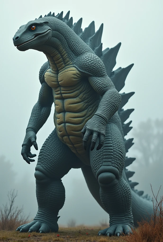 Um kaiju,He walks on all fours and cannot stand on two legs., scientific explanation, there is a head size limit,if its size exceeds this limit,the kaiju has to stand on its front legs,and other,the hind legs are almost the same size as the front legs,which makes it impossible for him to stay on two,about its colors,It has a predominant gray but also has light gray stripes., which serves for camouflage, your right eye is a dull orange or a light brown,and his left eye is blind with a scar,Its dorsal plates are very similar to Godzilla's, but they are smaller., about its size,It measures somewhere between 93 meters high and 231 meters long.,he is (incredibly) similar to a marine iguana