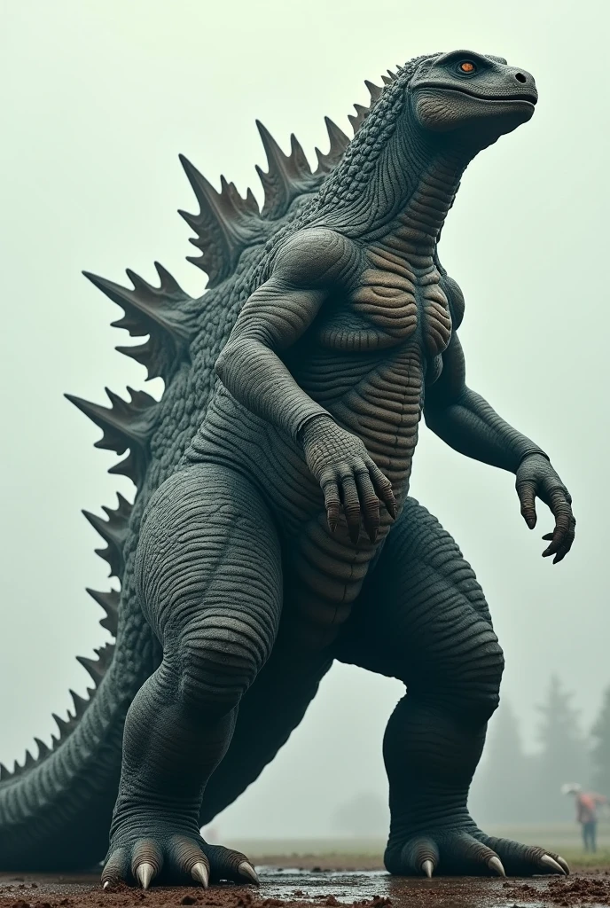 there is a godzilla visible from the bottom and backwards and below, godzilla's ass is visible, scenery is postapocalyptuc