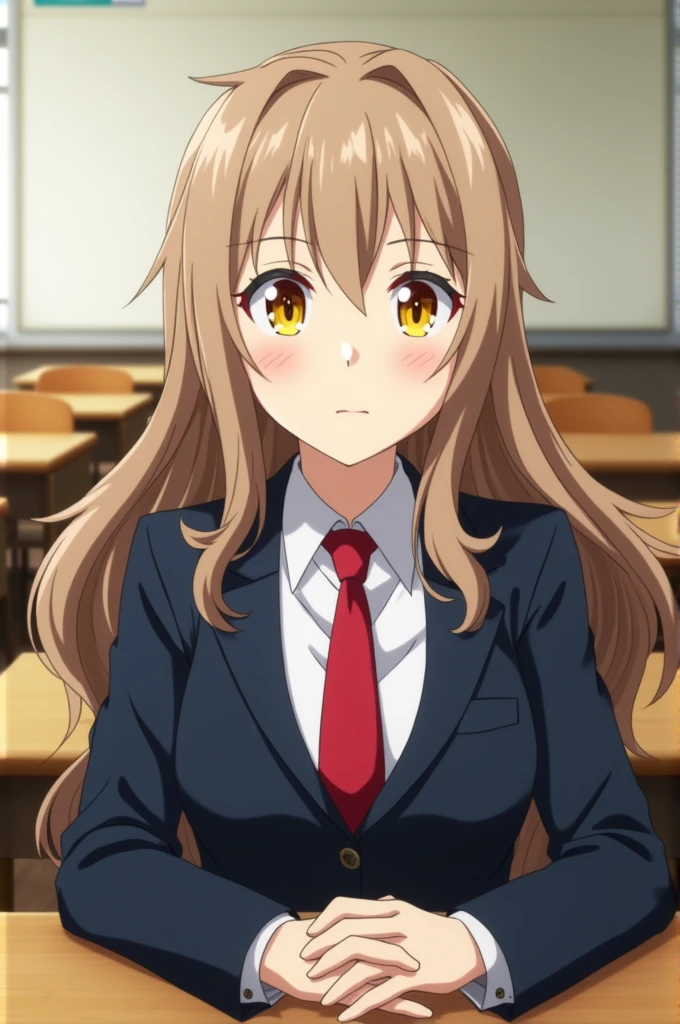 Screenshot of my hero academia.
Girl with long light brown hair with waves, fluorescent yellow eyes and wearing the UA uniform, In the background a classroom at the UA while she is sitting at a table
