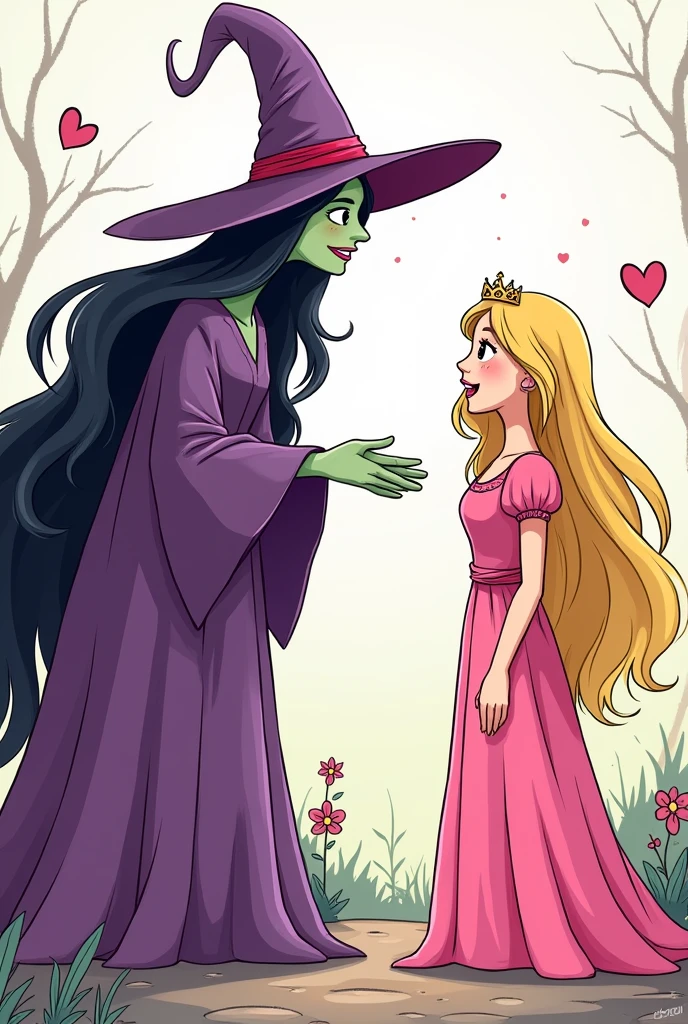 A scene of the witch in the purple dress and black hair who decided she could no longer bear the happiness of the princess in the pink dress and blonde hair. With a powerful spell, she cast a curse on Celeste: every time the princess smiled, something sad would happen in the kingdom.
Minimalist cartoon style, hand drawing line, for coloring