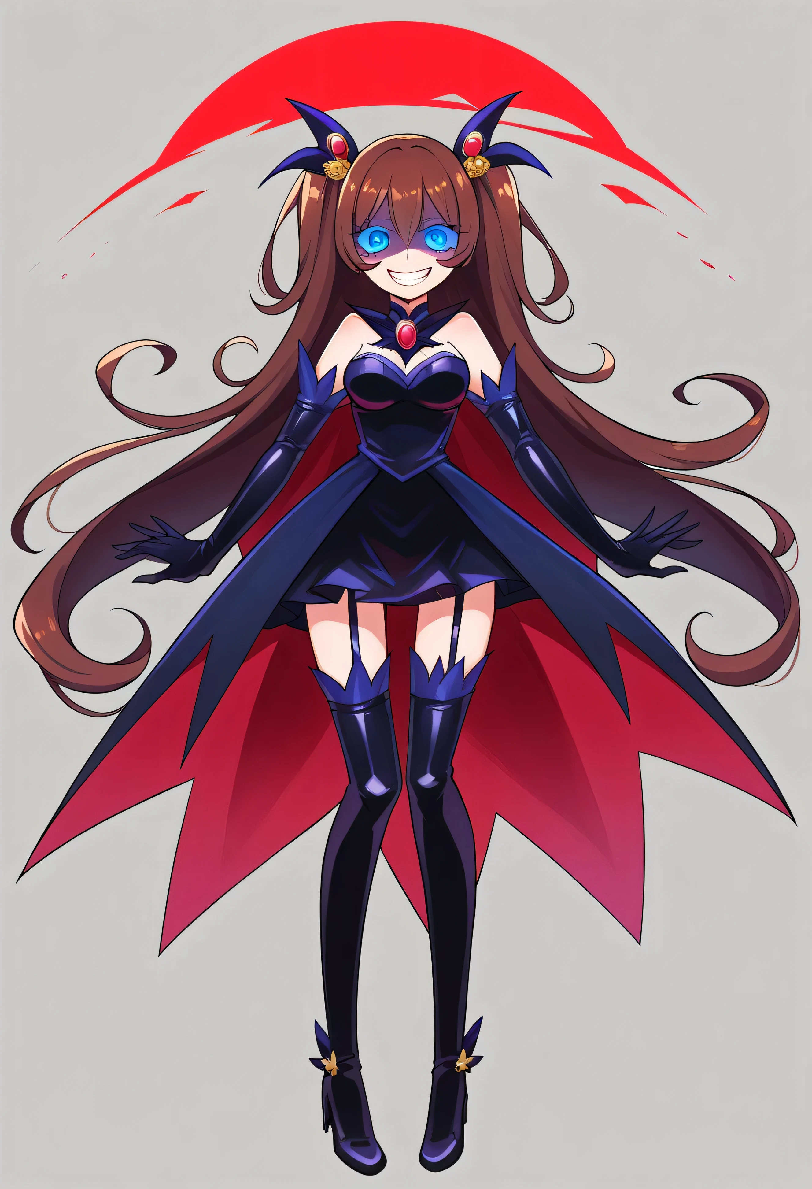 Highest quality, Very detailed,One Girl, alone, {cure_NULL_hirogaruNULLprecure:1.15}, , Blue eyes, Blue flames in the eyes, Long Hair, Twin tails, Magical girl, bangs, Open your mouth, , One Girl, blunt bangs, Darken your clothes, hair ornaments, Evil smile, devilish aura (Shiny fabric:1.5), Full Body Shot, Purple Gemstone, Charm, blush, (Beautiful attention to detail:1.6), Very detailed顔, Perfect lighting, Very detailedなCG, (Perfect hands, Perfect Anatomy), devil, Red and black color scheme, Shiny material, Grin, Black ribbon, black satin gloves, Evil clover leaf ornament, Black frills, jewelry, corruption, Latex Gloss, Black Gothic Cape, Evil smile, Dark World Background, Red Moon, cloudy NULL, CG Style, One-sided black wing,Dark shadow face,Sadistic smile,Malice,Contempt,smile,black,Shaded face (eyes in shadow),Black knee socks,Shiny latex