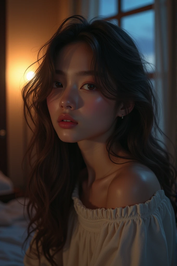 Girl with brown hair and brown eyes inside room in the night
