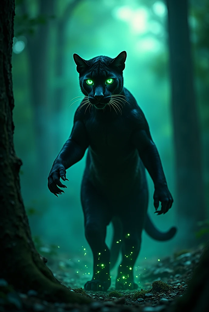 Show me a picture of a night witch, of the Moon, from the shadows, green, Cyan call of the sign Aquarius, vegetarian,sus colores favoritos son el azul y el green pero sobre todo el viridian y es una pantera de ojos green neón del Amazonas. 
without hat. 