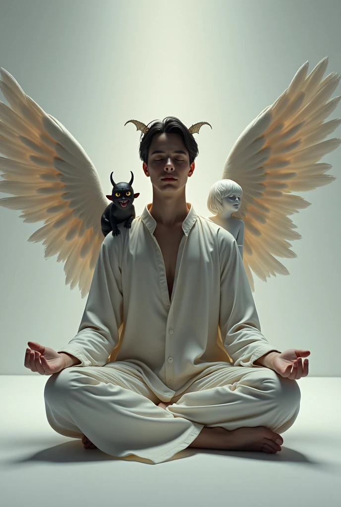 A person is meditating a small demon is on his left shoulder and an angel is on his right shoulder , photo Net 10K