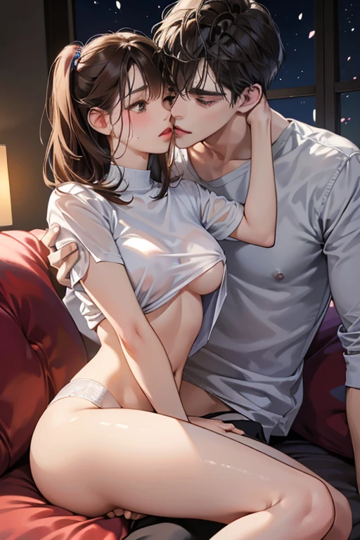 (masutepiece, Digital Art, Digital Illustration, 4K, 8K, Ultra-detailed, beautiful image, Sharp Image, Photorealistic, Raw photo, Perfect face, Perfect lines, Perfect eyes, Soft lighting) , a couple, 1 girl 1 boy, Hair color is different, Chignon's brown hair and brown eyes, Short black hair and gray eyes, Romance, Lie down、Bedrooms, sofas、relaxing sofa、the kiss、kiss、a couple、couple kissing、Romance、ssex、have sex、Wet pubic area、insert 、Rape、Overflowing、Full body painting,(One Girl And One Man,Having sex:1.5),(ember,Adult male,Rubbing the girl's boobs:1.2),Cheek dyeing、gasping face、embarrassed、boredom、begging、Unhappy、Greedy expression,Wet pubic area、 xen、Open your crotch wide、Cowgirl、Fluttering chest、Wet shirt、Underwear to take off、being held down from behind、Forcefully inserted from behind, night time