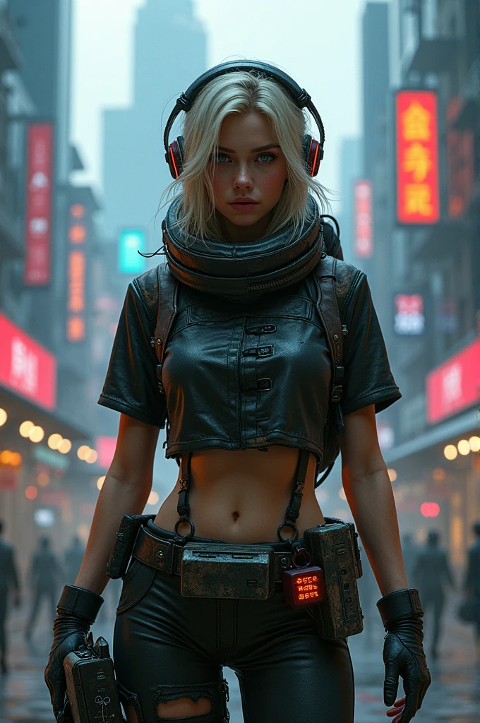 Cyberpunk netrunner girl. Blonde unkempt hair, netrunner headgear and form fitting body armor, backpack, belt with pouches and 80s computer style cyberpunk equipment strapped onto belts and harnesses 