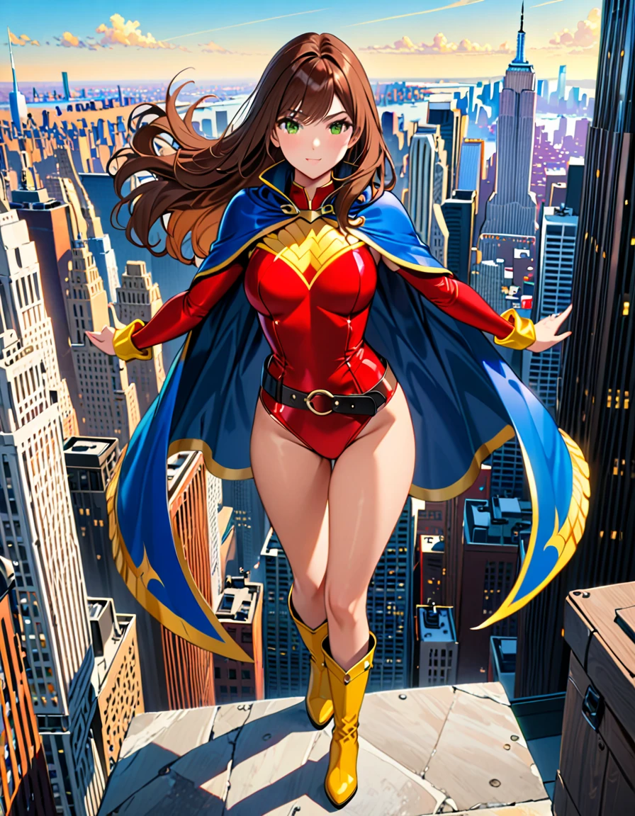 (masterpiece), (best quality), (high res), 1lady, tall body, highly detailed, professional, beautiful detailed eyes, beautiful detailed face, perfect hands, complete fingers, perfect anatomy, perfect proportions, ((brown hair, medium hair, hair down)), ((green eyes)), ((leotard, (red leotard), matching leotard)), (bare legs), (boots, matching boots, knee-high boots, yellow boots), breasts, medium breasts, (full body portrait), looking at viewer, solo, solo focus, standing, one hand on hip, cowboy shot, new york backdrop, ((belt, tight belt)), (blue sleeves, yellow cuffs), ((yellow hawk/(symbol/)) on chest), ((medium cape, (blue cape))), full body costume design.
