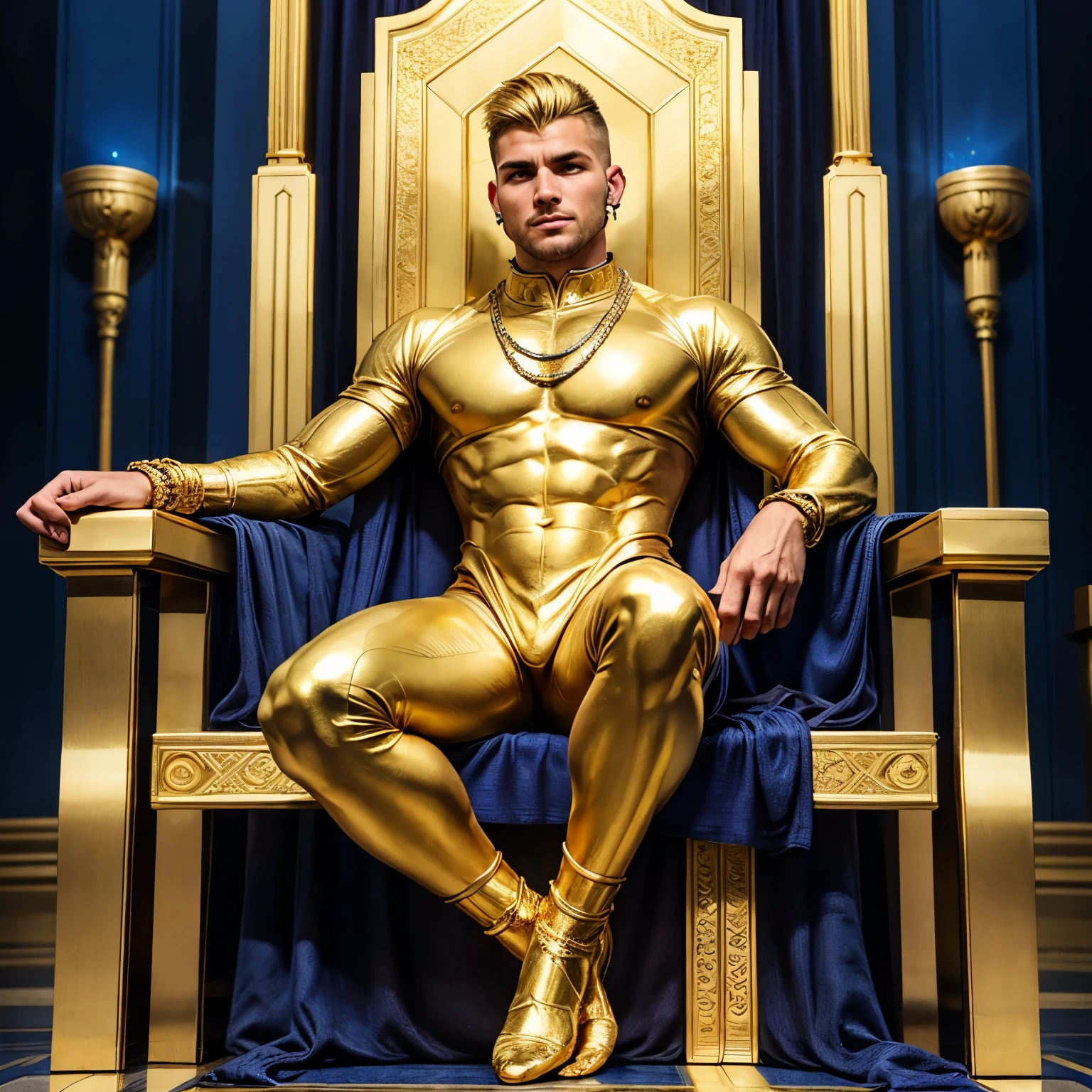 full body view, a muscular white european over-bodybuilded but looking fragile handsome man with undercut clean haircut of his brown with gold blonde streaks haircut, golden socks, indigo and gold neo-byzantine futuristic tight silky fullsuit, no shoes, gold rings, necklaces, bracelets, piercings, with gold and indigo futuristic mosaics behind the golden and lapis lazuli throne on which he's lying, looking boring. a crowd of poor people begging him from around the throne hall