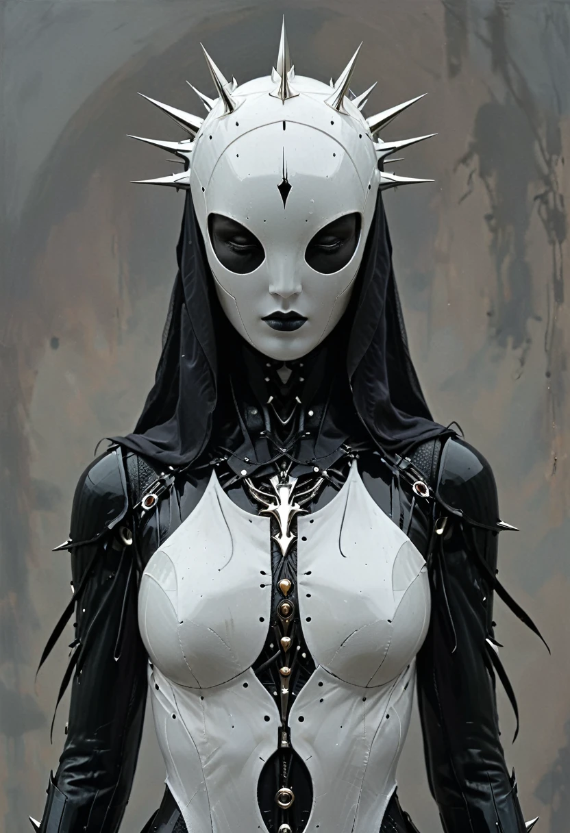 front view of a dark priestess holy cyborg necromancer girl wearing a white veil with a tiara and spiky crown on her head, symmetrical composition, oil painting style artstation concept character design in the style of James Gurney and Greg Rutkowski and Ross Tran, renaissance era ,cyberpunk art,gothic art,trending on Artstation,cgsociety,purism,faceless++ noface++ faceless ,no face ,faceless, featureless, non-anthropomorphized, blank, unmarked, anonymous, indistinct, undefined, vague, impersonal, expressionless, unidentifiable, characterless,formless, amorphous, nondescript, neutral, undifferentiated, abstract, generic, unspecified, uniform, simplistic, non-descript, bare, elemental ,shapeless, unformed, structureless, generalized, basic, unembellished, plain, minimalist, stark, unadorned, unelaborated, unornamented, unembodied,faceless++,bubble helmet,noface , cyborg, dark vibe, in the style of nicola samori,dark fantasy