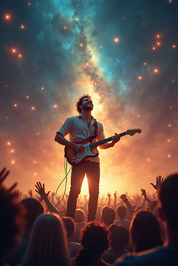 Stunning image of a happy man playing guitar inspired by a space different from reality ( in a space where the impressive music takes you, impressing everyone in a super concert, lots of people watching and jumping with excitement at night with lots of lights and fireworks)
