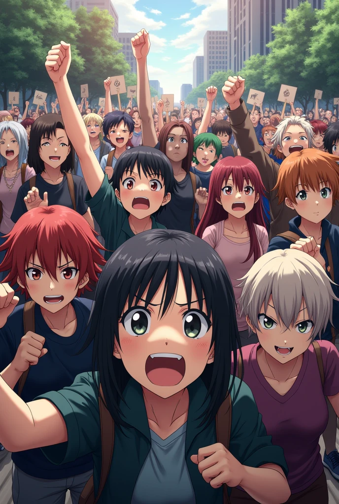 anime characters are protesting against crime easily art