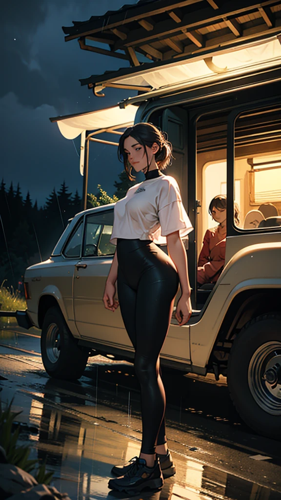 A young couple is camping on the mountain. The woman is wearing tight clothes. Her hips are big. She is passing by a vintage car. She is looking for water. It is raining. She is staying at night.