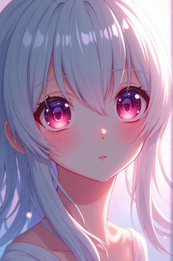 An anime girl with white hair, fair skin and dark pink eyes with stars
