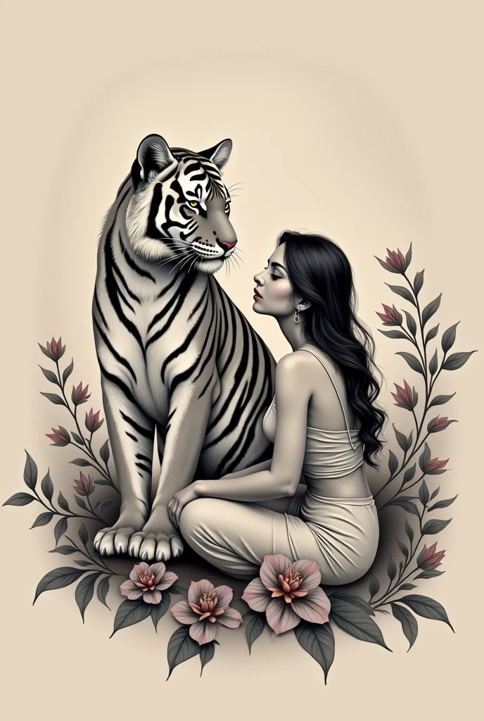 Small tattoo of a woman sitting next to a Bengal tiger and flowers in black for the back