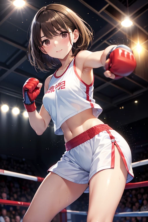 anegasaki nene、Shiny brown hair, short hair, (Beautiful brown eyes、Sparkling eyes, Fine grain)、smile、Ultra-detailed eyes、Highly detailed face, Highly detailed eyes,
(1 girl) , Beautiful Eyes, (Delicate face) , Perfect detail, (Better lighting) , (Super intricate details),
((alone,, stare, To trust)),
(Aggressive punches) , Sweat, Heavy breathing, (Oppressive attacks) , (Boxing Ring ), Athletic Shorts, Perfect detail, Perfect Fingers, The perfect member, Impact, (Glowing Skin), abdomen, Fitness, Musa, Strike a Pose, photo shoot, Art Essay, attractive, attractive, Waist, Boxing Shorts, fight, (grow,be familiar with: 1.2) , (8k: 1.2) , wonderful,attractive,invent,small