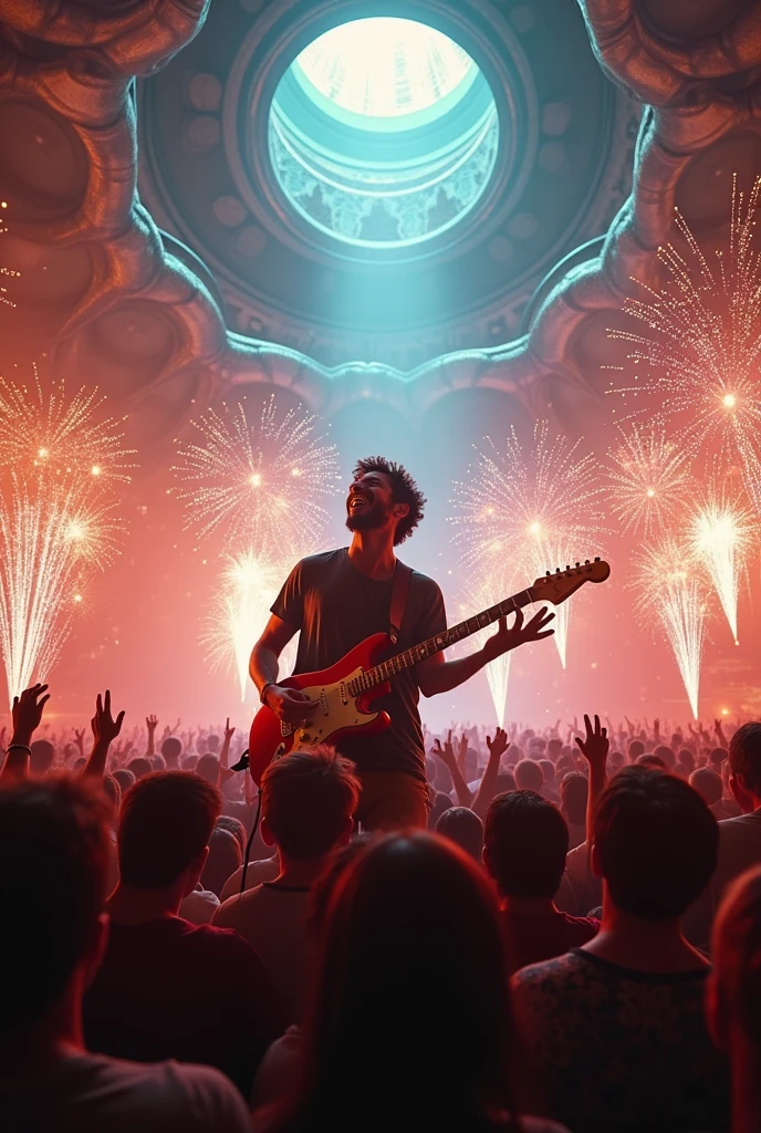 Stunning image of a happy man playing guitar inspired by a space different from reality ( in a space where the impressive music takes you, impressing everyone in a super concert, lots of people watching and jumping with excitement at night with lots of lights and fireworks with lots of lights in the air in an enclosed place )