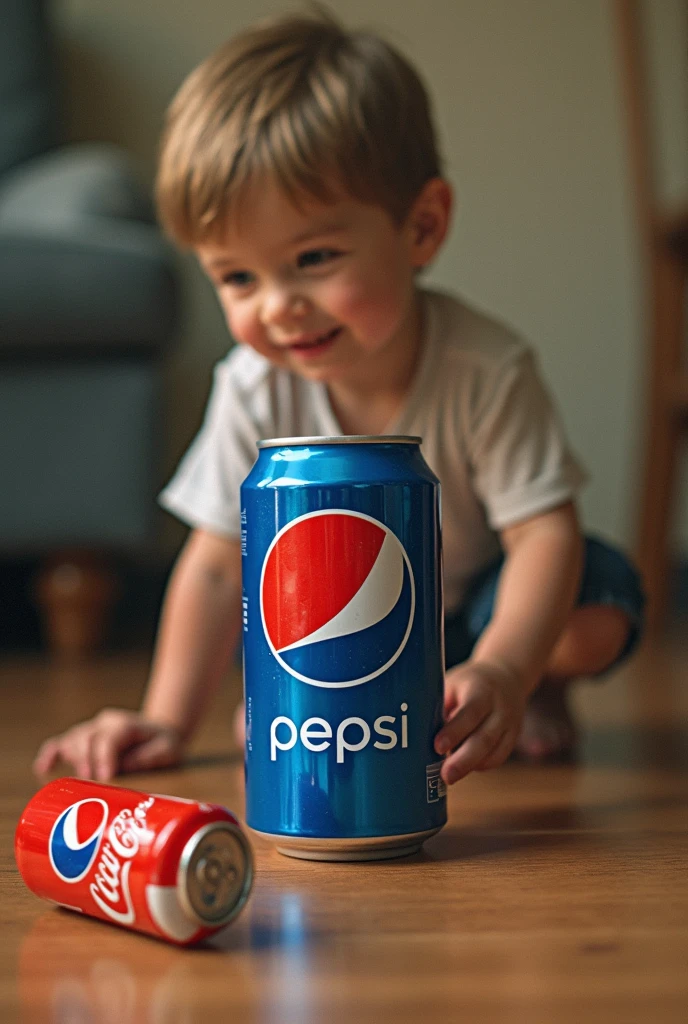 Now he creates the same boy but taking a can of Pepsi and leaving the can of Coca Cola on the floor

