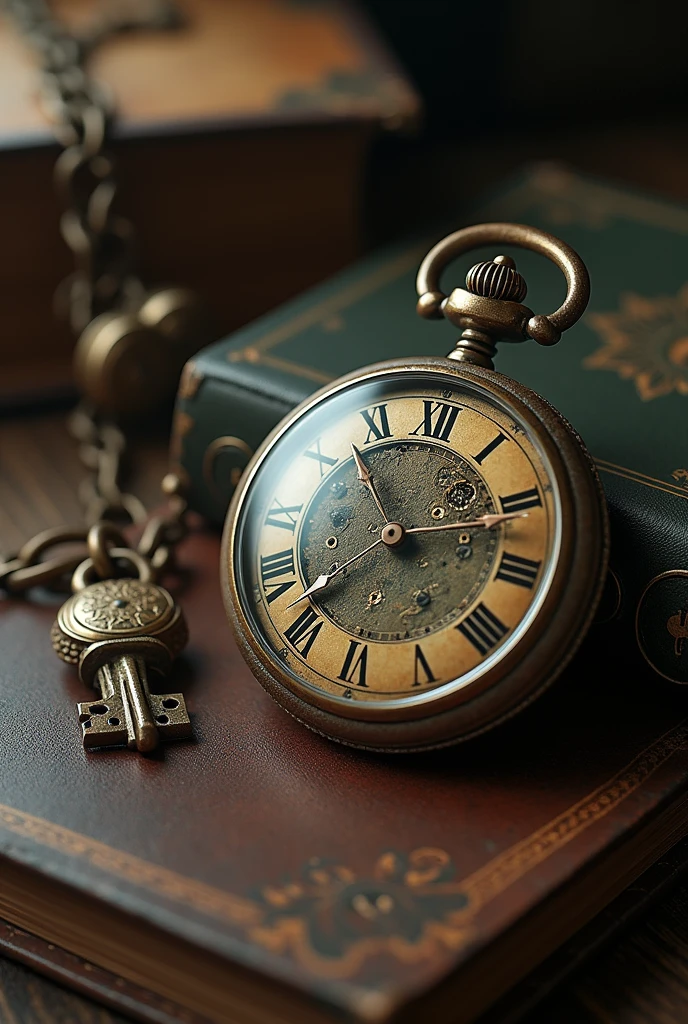 A watch which has a forbidden key inside, you should show some part of the key inside the watch, and you should also write on the watch that words : "Smiling Inside" and please give your best. This watch is at the middle of 20th century and please write the following words on it: Smiling Inside. Good job i want you add a chain to watch, and you should put this watch on a daybook. Daybook should be locked. You should also show the lock. Okey the Write the words Smiling Inside distinctly