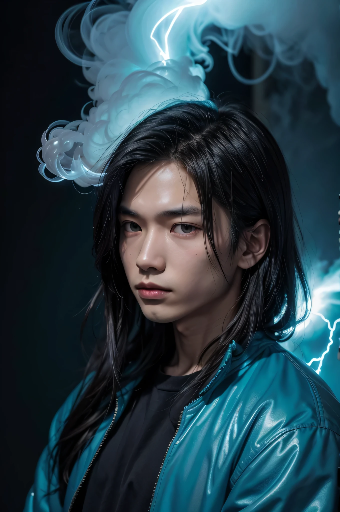 Mysterious charming image
skinny asian man with long hair 18 years old surrounded by thick electric smoke. The smoke is blue with white lightning strikes, translucent and billowing, creating an eerie and enchanting atmosphere. The man has an alluring gaze and wears a blue Adidas jacket. shimmering with mysterious energy. The backdrop is a dark void, with thick, electric smoke creating a sense of intrigue and otherworldly clarity. very detail