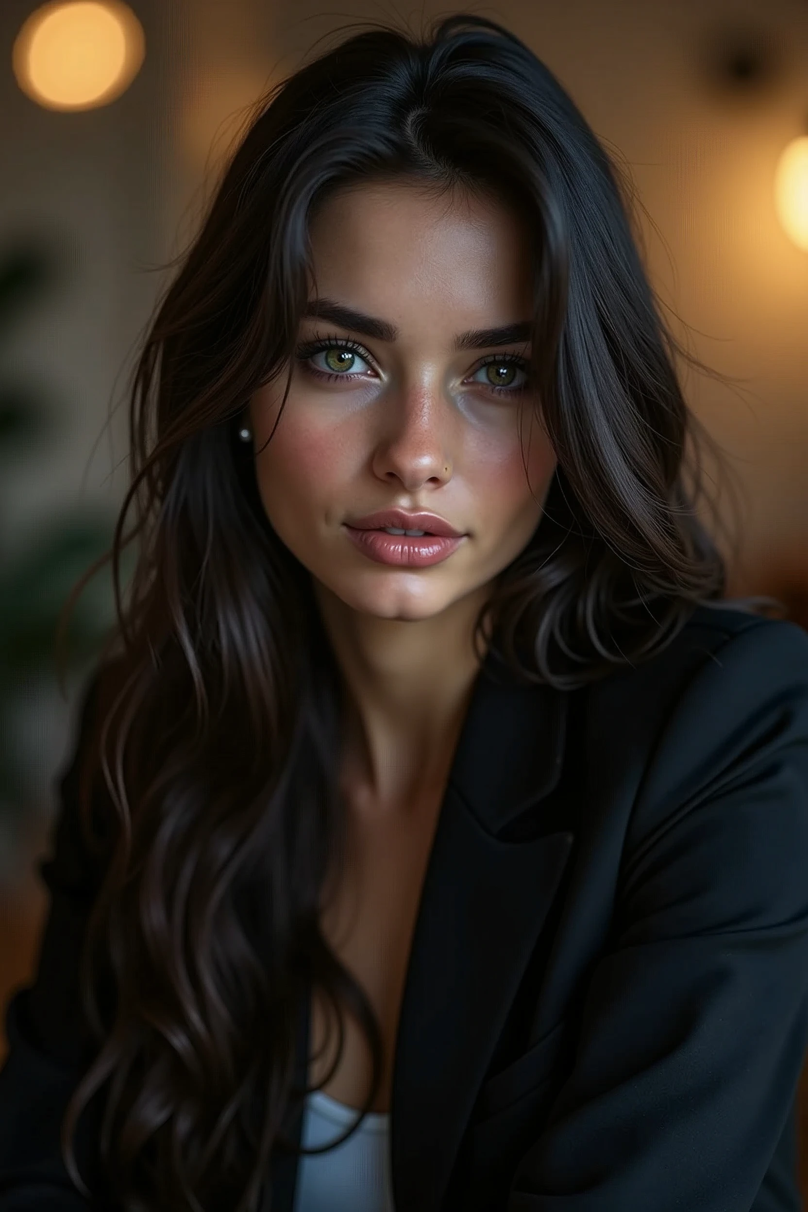 beautiful girl with long dark hair, Detailed eyes, nose, and lips, noseить профессиональную одежду, Sitting in my office, with your computer, компьютер hp (Best quality,4K,8 K,a high resolution,masterpiece:1.2),ultra-detailed,(realists,photorealists,photo-realists:1.37),HDR,studio lighting,very detailed face and body, portrait,cinematic lighting,dramatic lighting,warm colors,Dramatic colors