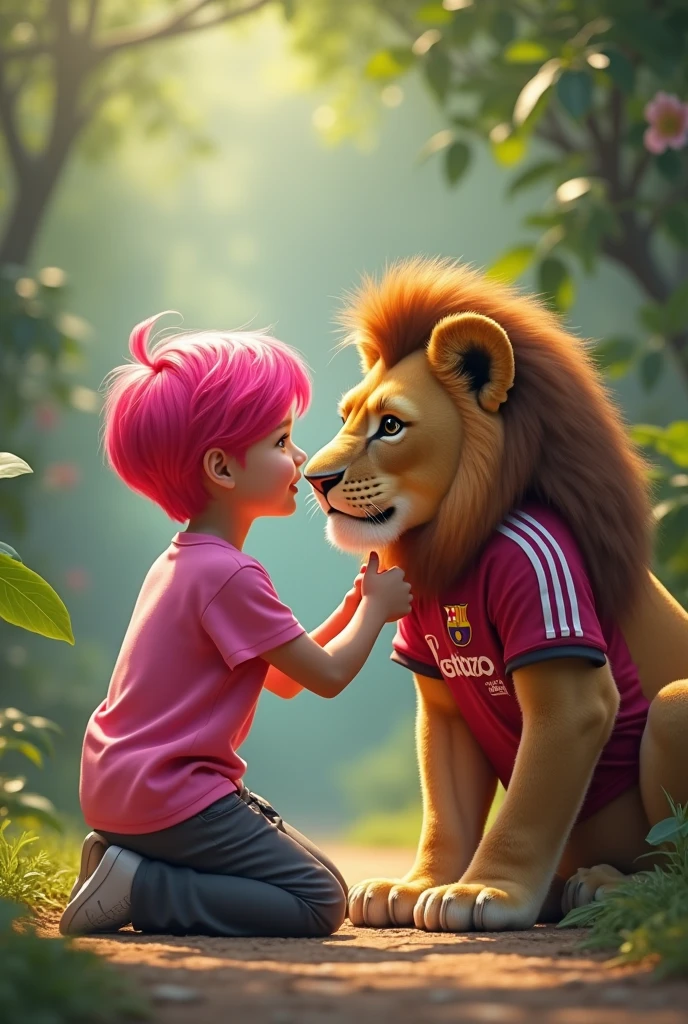 A player with pink hair and a pink shirt kneeling down saying happy father&#39;s day to a lion wearing a Fortaleza shirt 